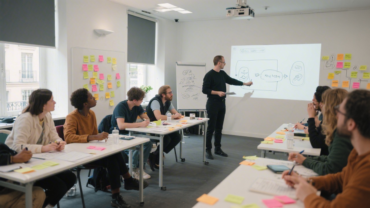 Facilitator leading collaborative design sprint workshop with diverse participants sketching user flows on sticky notes in modern Parisian training room
