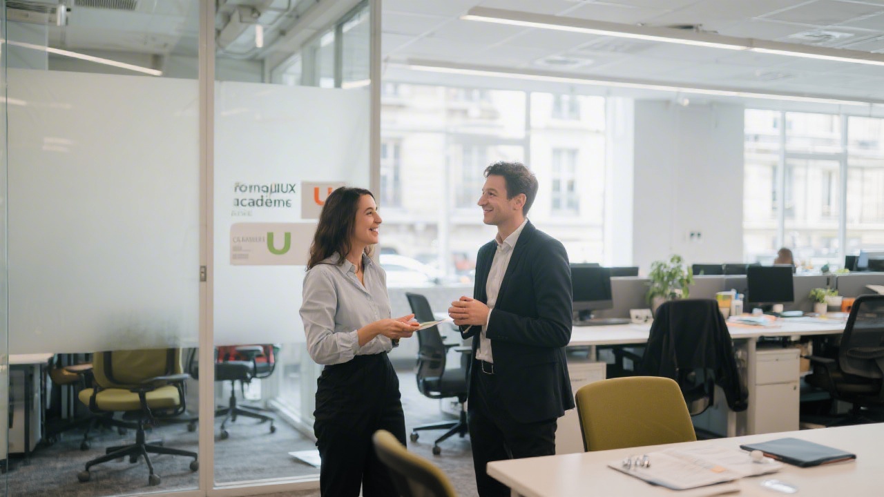 Friendly admissions advisors from FormaUX Academy France discussing upcoming UI UX training sessions inside modern Paris office with natural light