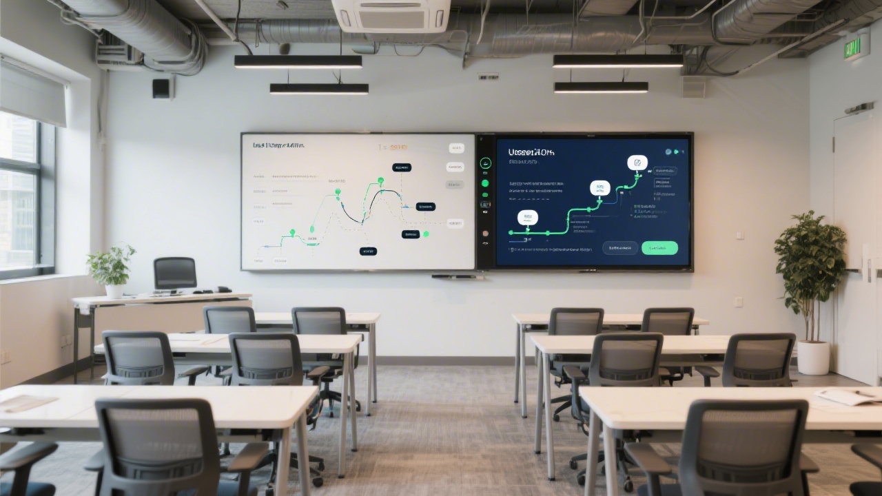 Modern training room with interactive digital whiteboard displaying user journey map and carefully arranged ergonomic seating ready for collaborative UX sessions
