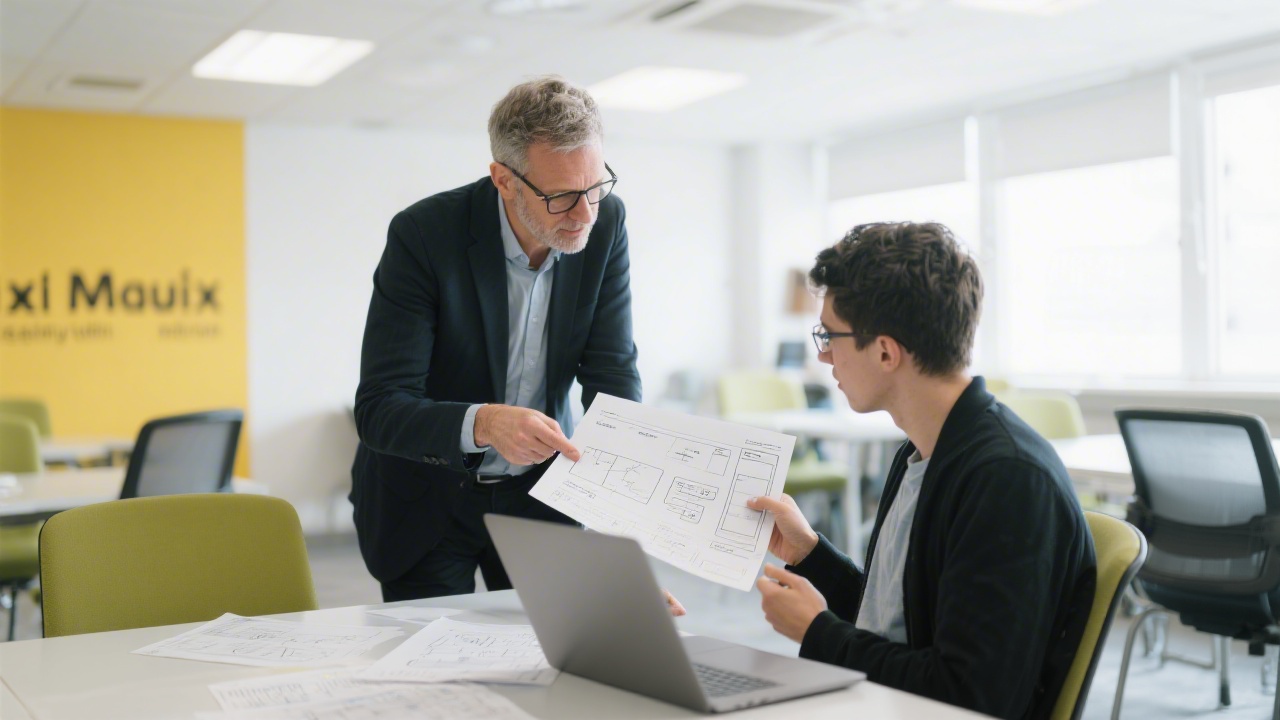 Senior UX mentor guiding participant through interface critique using printed wireframes and laptop inside bright collaborative learning studio