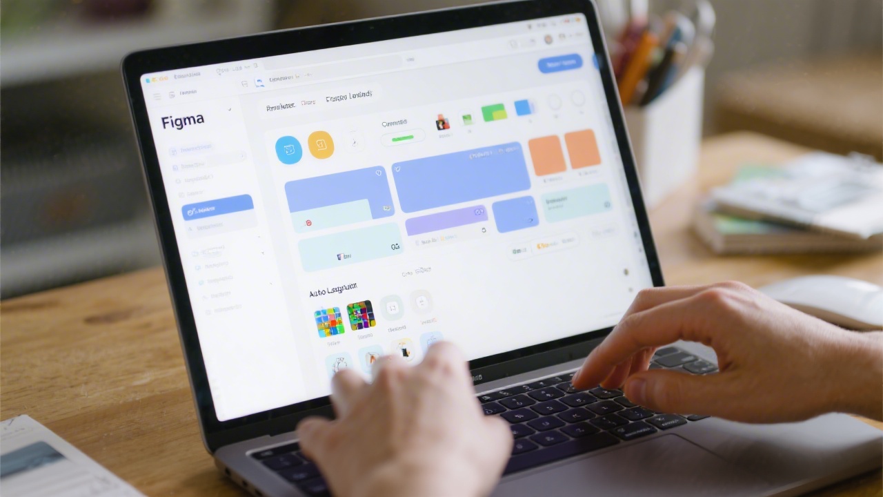 Close-up view of designer hands working inside Figma interface with detailed component library and auto-layout settings displayed on a crisp laptop screen in a creative workspace